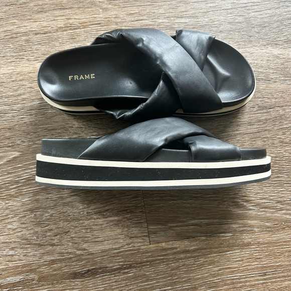 Frame Denim Shoes - FRAME Women's Le Playa Leather Platform Slide Sandal Black Sz 39 US 8.5